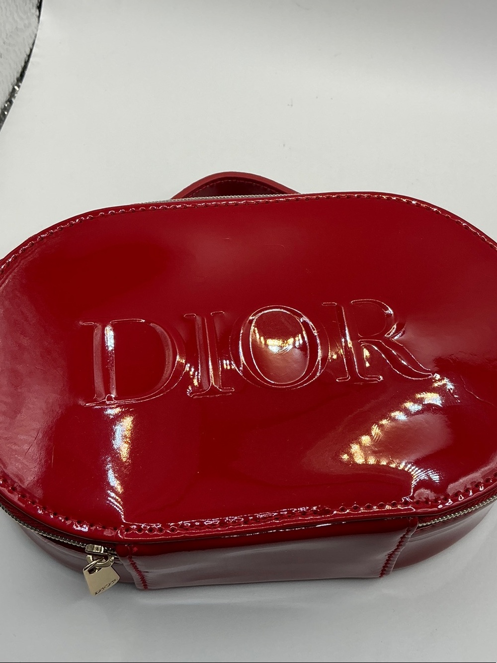 Dior Glossy Red Patent Oval Cosmetic Case with Top Handle